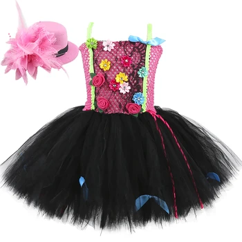 Ярко-розовое платье-пачка с черными цветами для девочек, костюмы на день рождения, Хэллоуин, наряд для детей, нарядные платья принцесс со шляпной заколкой для волос